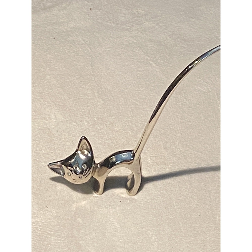 Silver Cat Ring Holder with Long Tail and Rhinestone‎ Eyes MCM Figurine Vtg